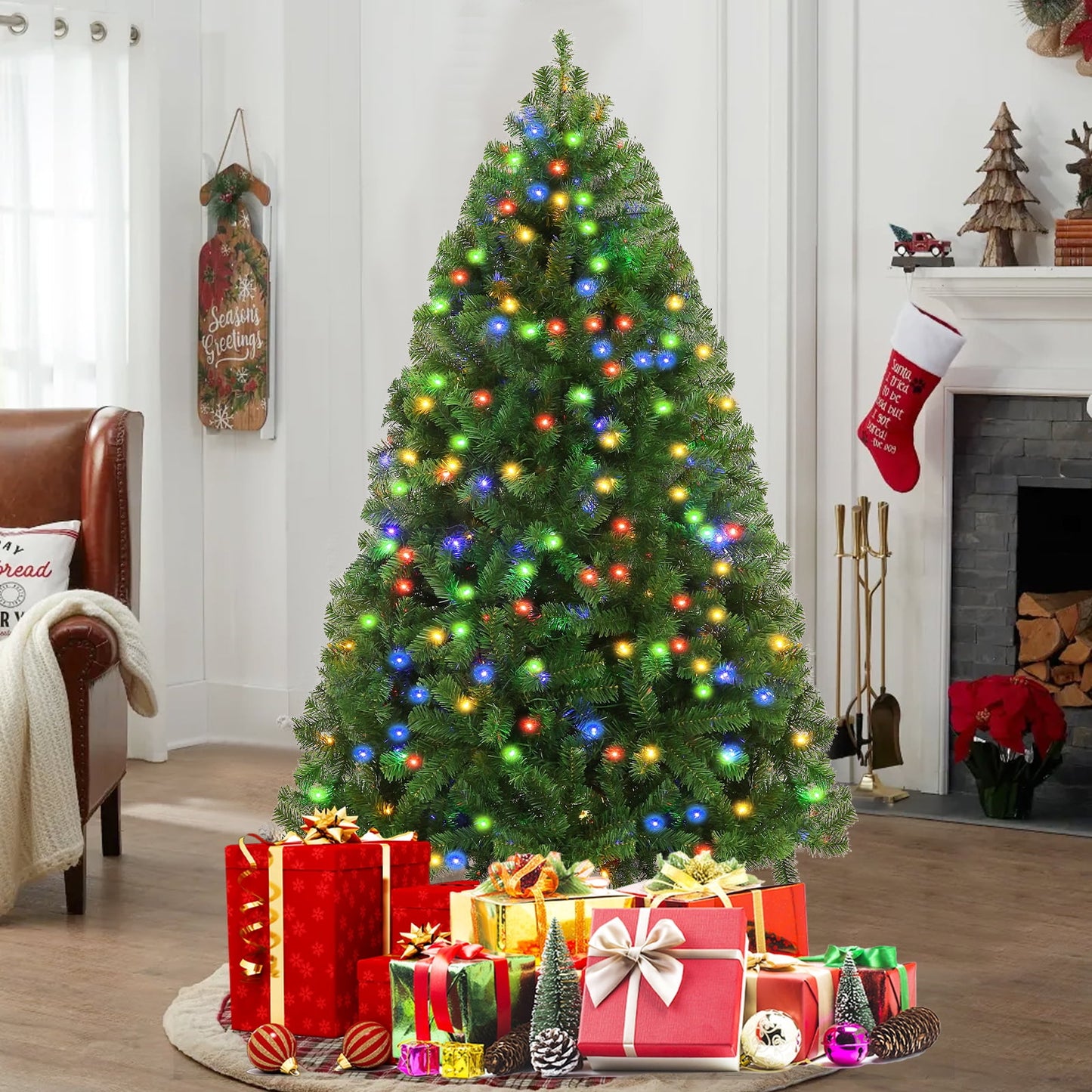 Tapoja 6ft Prelit Christmas Tree, Artificial Christmas Tree with 250 Multicolored Lights, 1000 Tips, Metal Stand and Hinged Branches