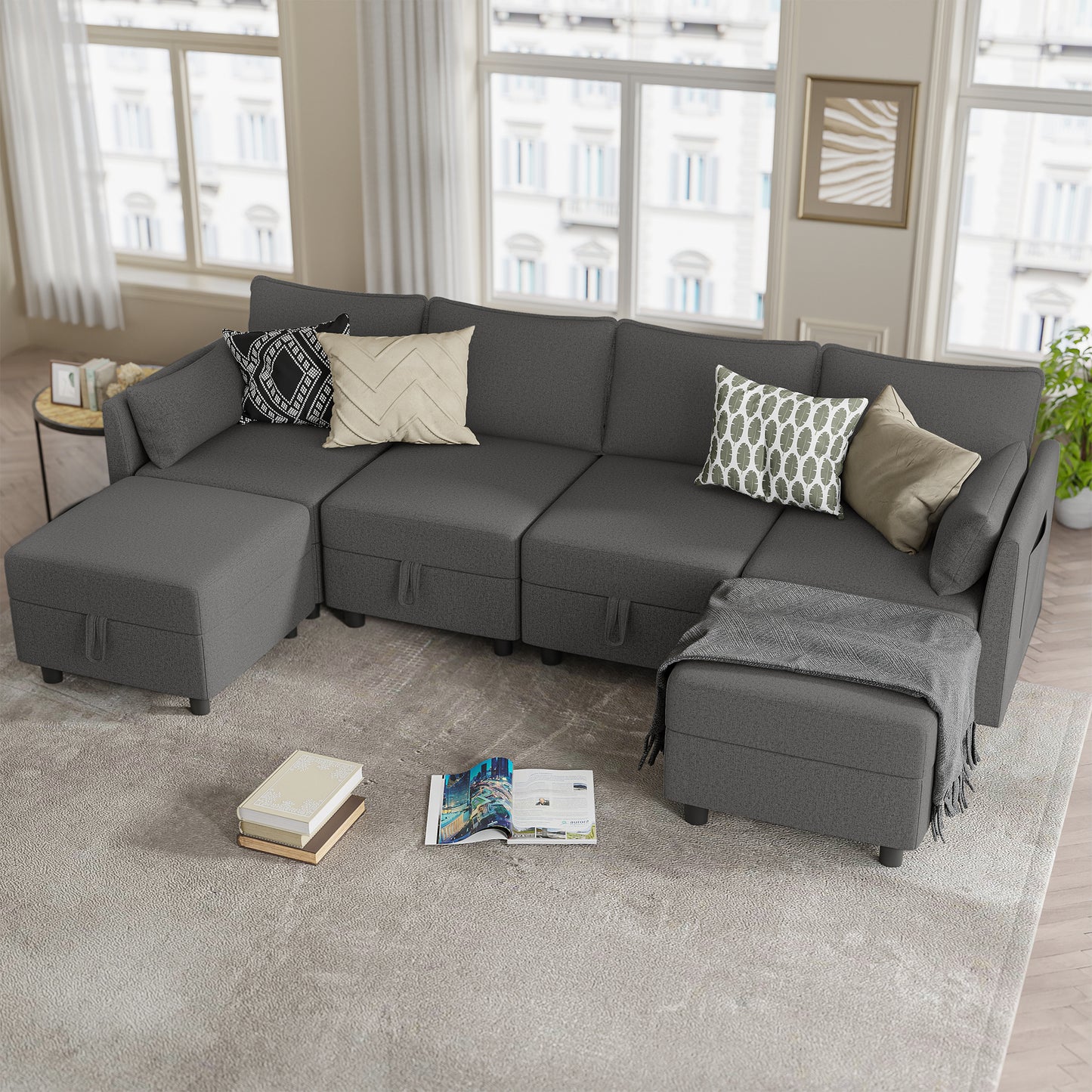 Tapoja Modular Sectional Sofa with Storage, 6 Seat U & L Shaped Modular Sofa and Couch with Ottomans, Oversized Sleeper Sofa Bed for Living Room, Drak Gray/Linen