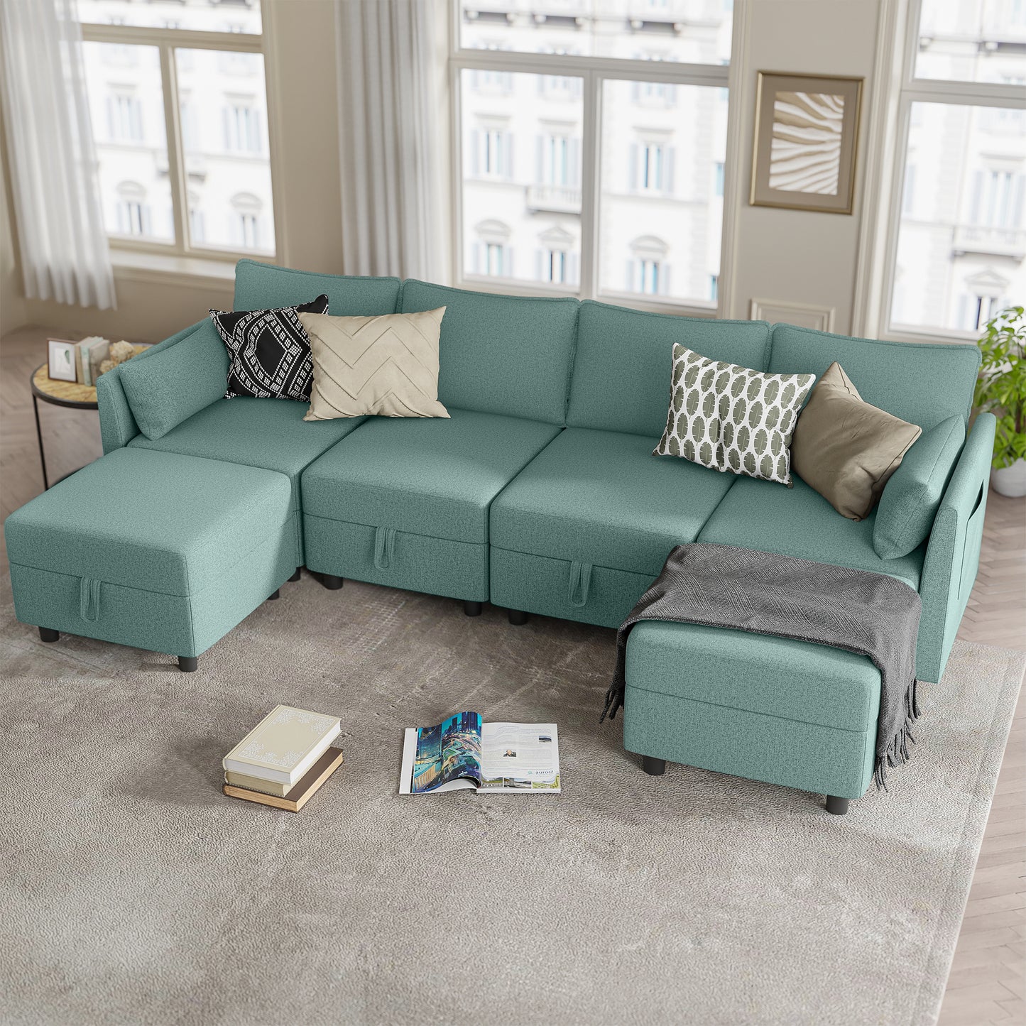 Tapoja Modular Sectional Sofa with Storage, 6 Seat U & L Shaped Modular Sofa and Couch with Ottomans, Oversized Sleeper Sofa Bed for Living Room, Light Blue/Linen