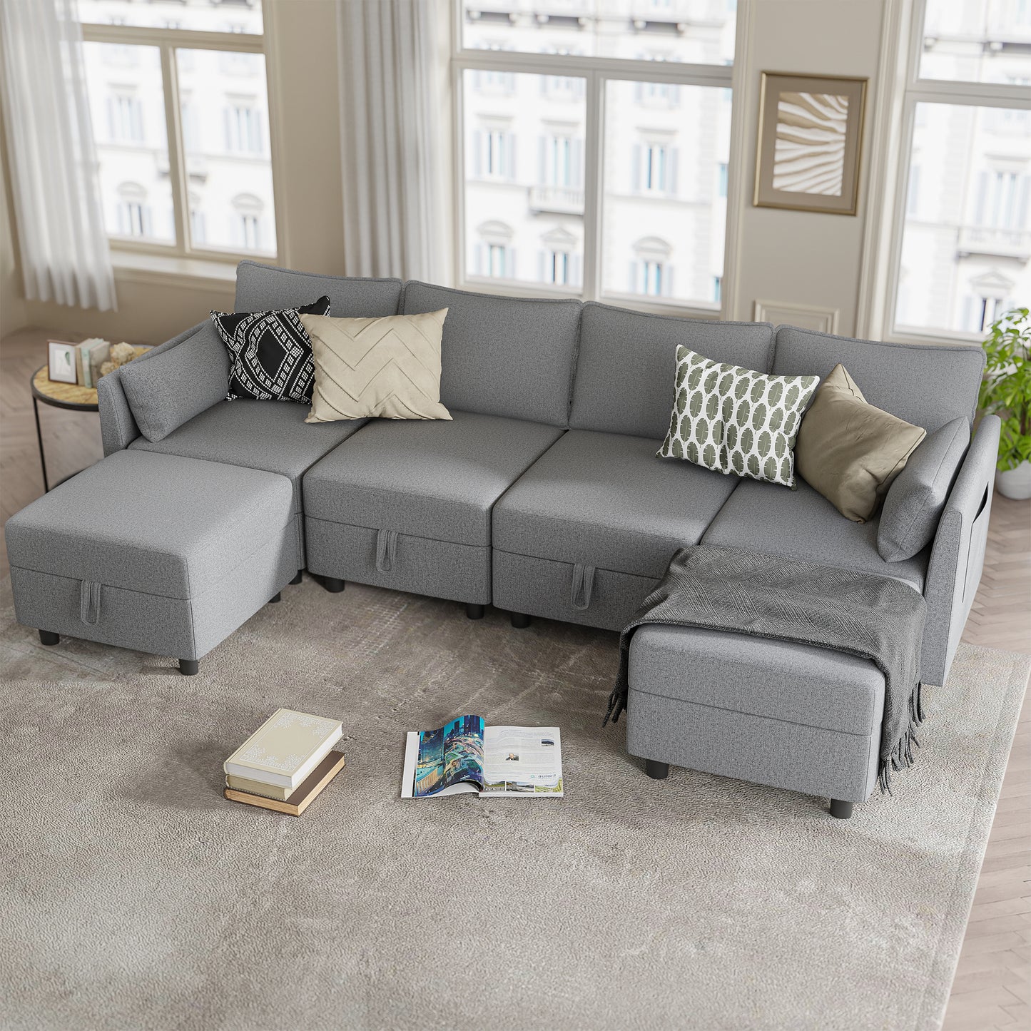 Tapoja Modular Sectional Sofa with Storage, 6 Seat U & L Shaped Modular Sofa and Couch with Ottomans, Oversized Sleeper Sofa Bed for Living Room, Gray/Linen