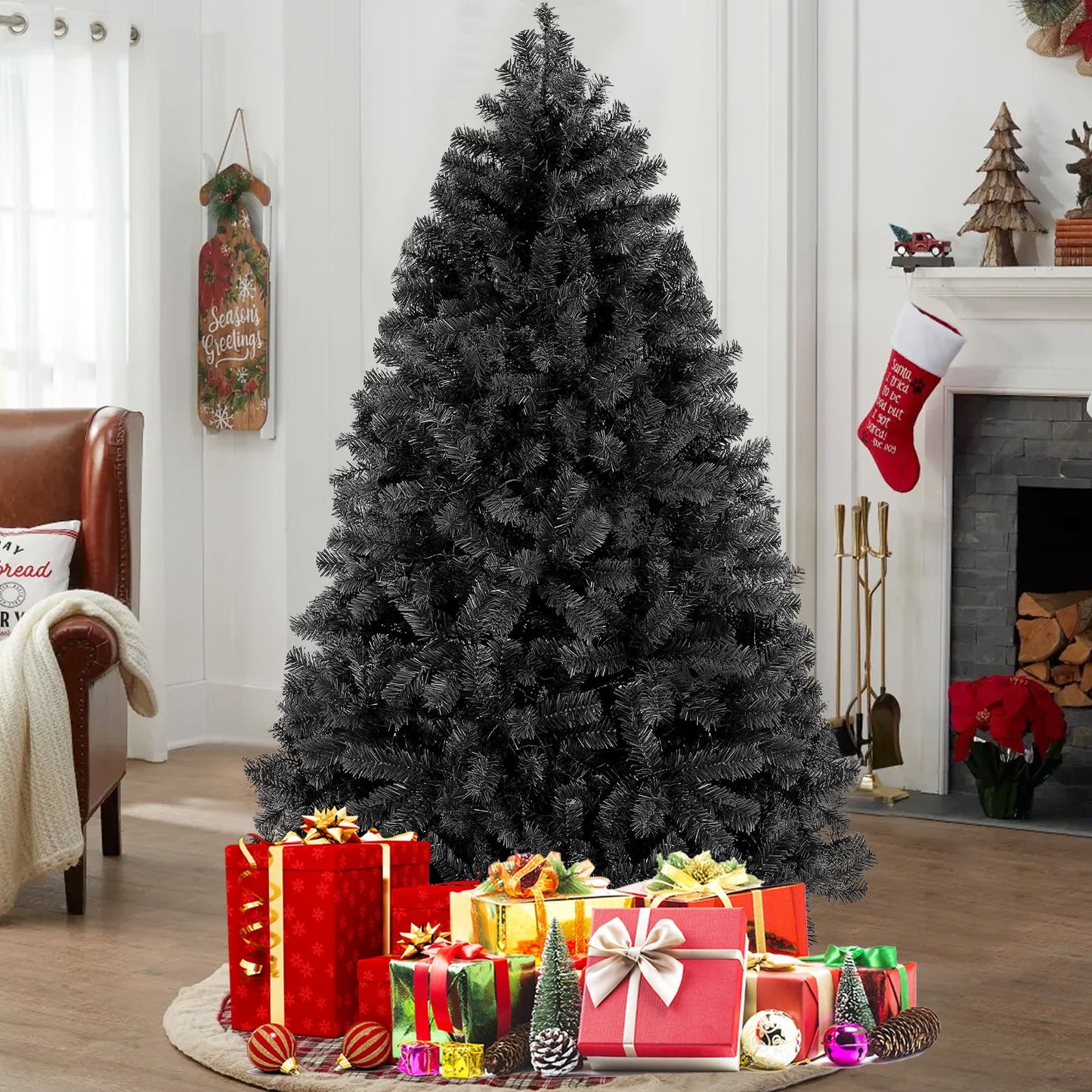 Tapoja 6ft Unlit Black Christmas Tree, Artificial Halloween Tree with 1000 Branch Tips, Metal Stand, Xmas Full Tree for Indoor Holiday Carnival Party
