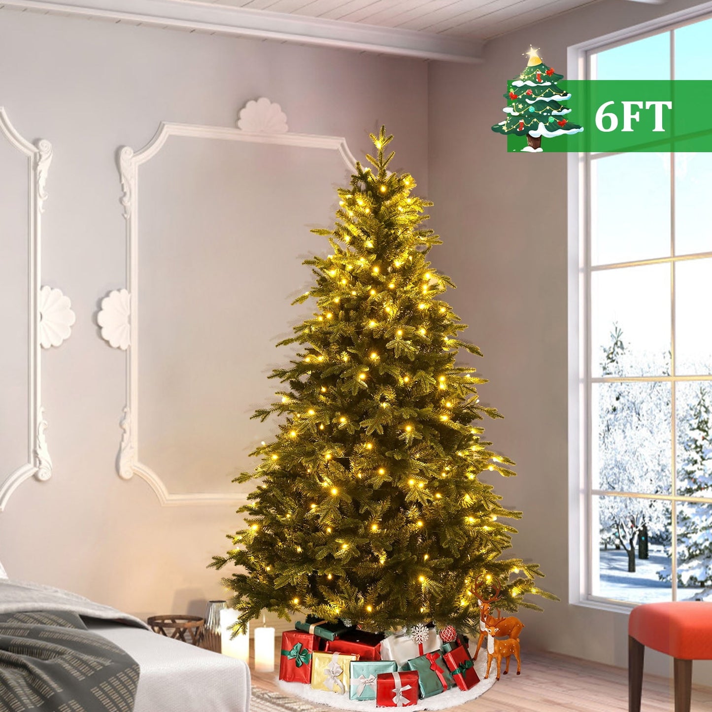 Tapoja Prelit Artificial Full Christmas Tree 6FT with 1000 PE PVC Tips, Premium Pre-Lit Holiday Xmas Tree with 250 Lights, Metal Hinges & Foldable Base for Home Office Party, Green