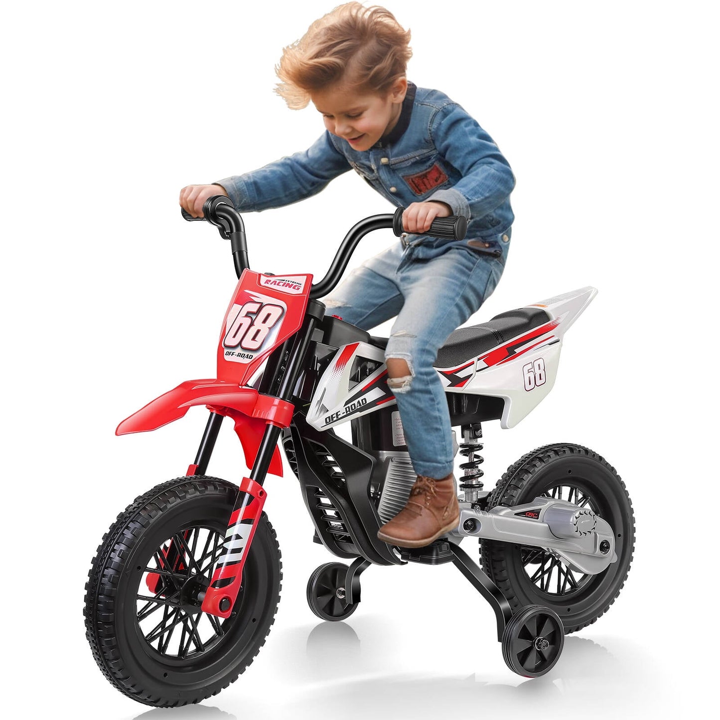 Tapoja 12V Kids Electric Dirt Bike w/ Twist Grip Throttle, Ride on Motorcycle w/ Training Wheels, Powered Ride on Toys for Boys Girls Ages 3-8, Spring Suspension, Dual Motors, Bluetooth, MP3