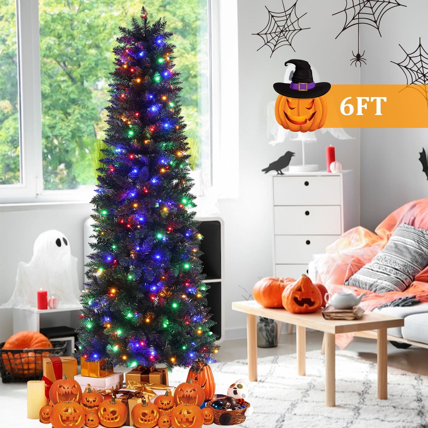 Tapoja 6ft Black Christmas Pencil Tree, Pre-lit Artificial Slim Tree w/ 250 Lights & 900 Branch Tips, Hinged Halloween PVC Tree for Holiday Festival Use, Metal Base Included