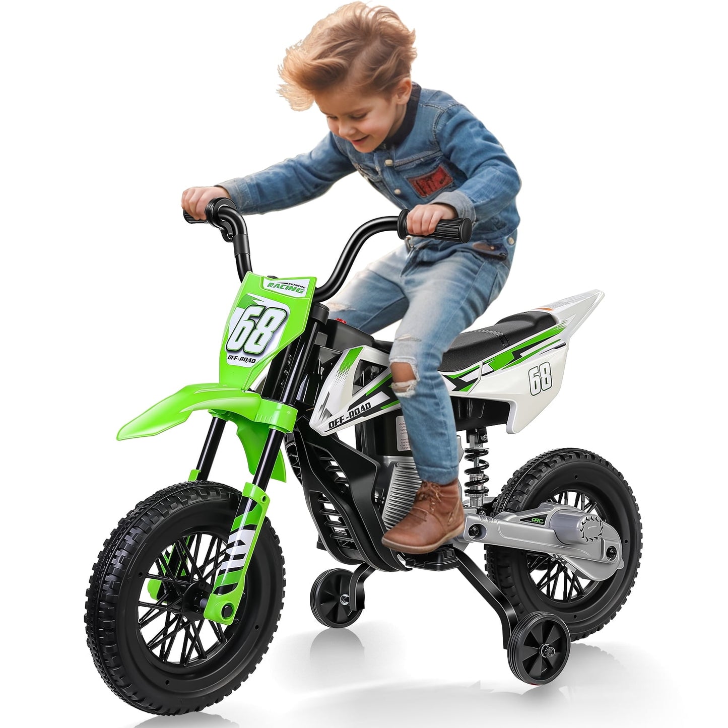 Tapoja 12V Kids Electric Dirt Bike w/ Twist Grip Throttle, Ride on Motorcycle w/ Training Wheels, Powered Ride on Toys for Boys Girls Ages 3-8, Spring Suspension, Dual Motors, Bluetooth, MP3