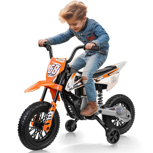 Tapoja 12V Kids Electric Dirt Bike w/ Twist Grip Throttle, Ride on Motorcycle w/ Training Wheels, Powered Ride on Toys for Boys Girls Ages 3-8, Spring Suspension, Dual Motors, Bluetooth, MP3