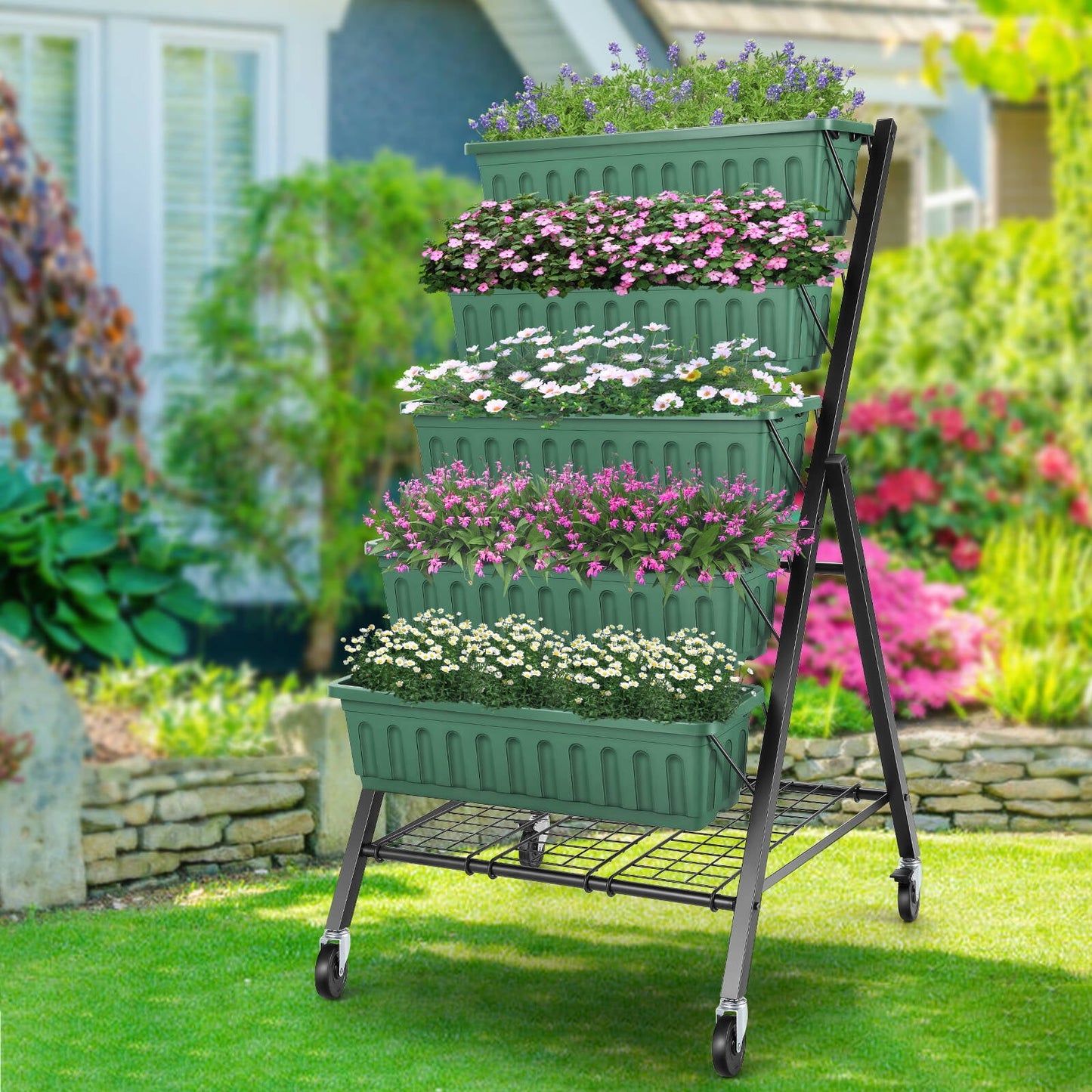 Tapoja 5 Tiers Vertical Garden Bed w/ Wheels, 4FT Vertical Garden Planter Indoor and Outdoor, Vertical Elevated Garden Bed Perfect for Vegetables Flowers Herbs