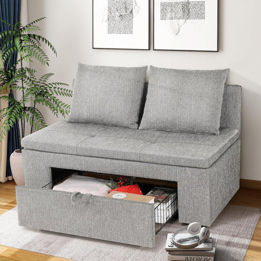 Farmdex Small Loveseat Sofa with Drawer Storage, Linen Fabric 2-Seater Couch for Living Room and Bedroom, 47.2" Compact Couch for Small Spaces, Solid Wood Frame Grey