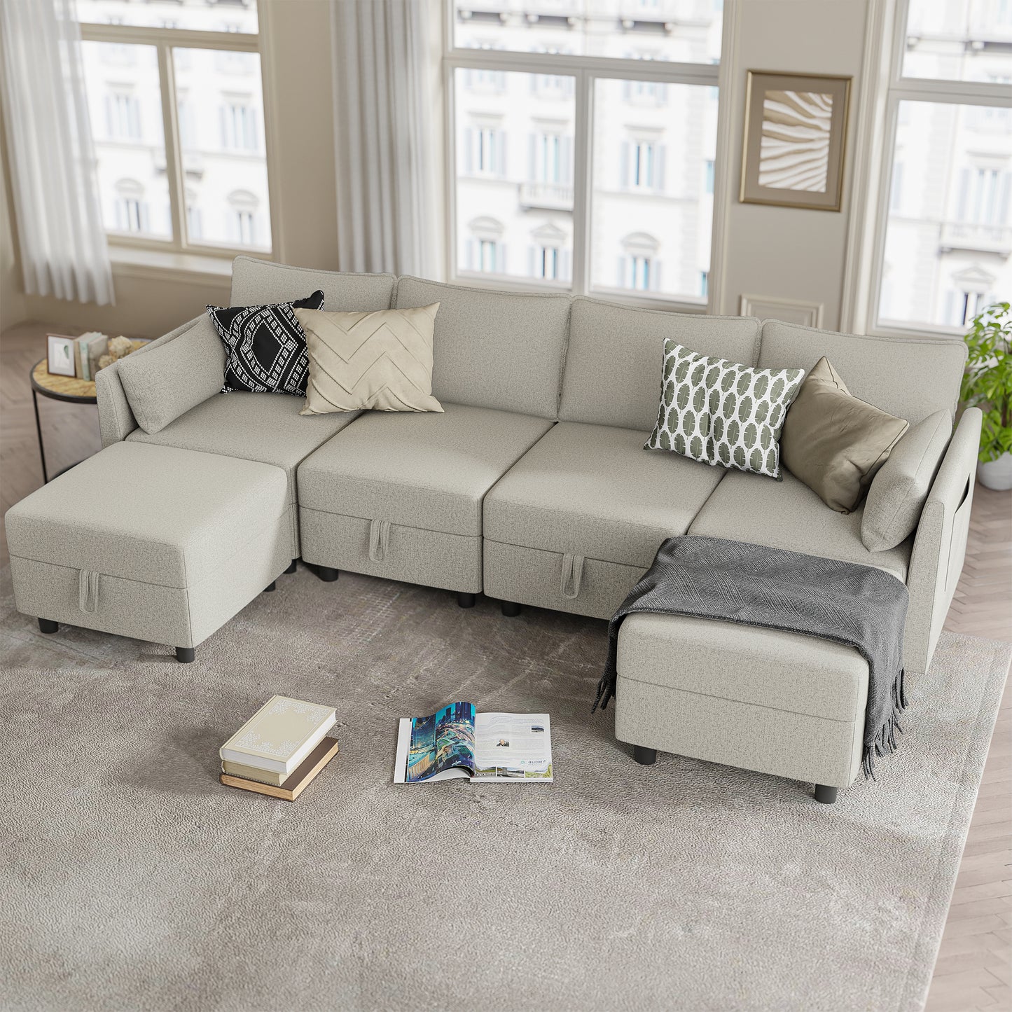 Tapoja Modular Sectional Sofa with Storage, 6 Seat U & L Shaped Modular Sofa and Couch with Ottomans, Oversized Sleeper Sofa Bed for Living Room, Off White/Linen