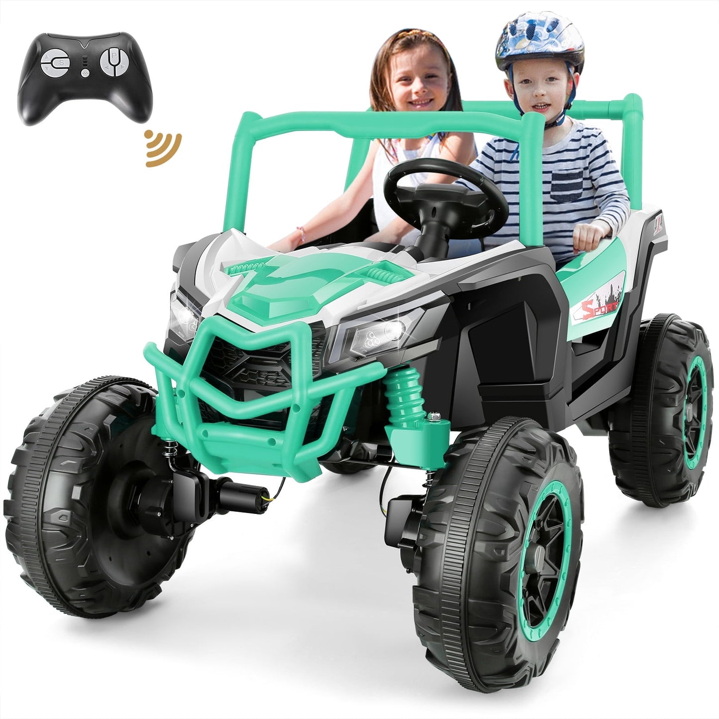 4WD 24V Ride on Toys 2 XL Seater Kids Ride on Cars w/ Remote Control, 4*200W Motor, Electric Off-Road UTV 7AH Battery Powered 4-Wheeler Vehicle w/ Bluetooth, Music, 3-Speed, LED Light, Cyan