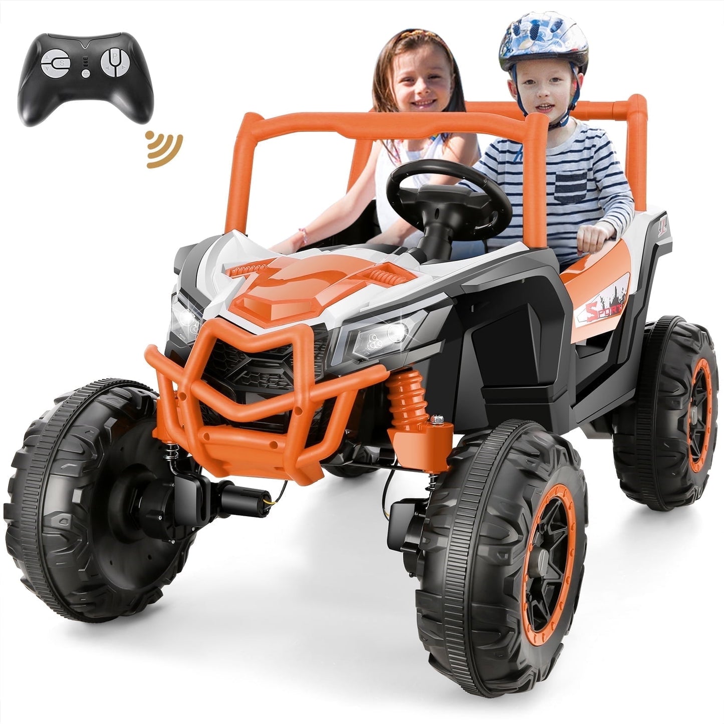 4WD 24V Ride on Toys 2 XL Seater Kids Ride on Cars w/ Remote Control, 4*200W Motor, Electric Off-Road UTV 7AH Battery Powered 4-Wheeler Vehicle w/ Bluetooth, Music, 3-Speed, LED Light, Orange