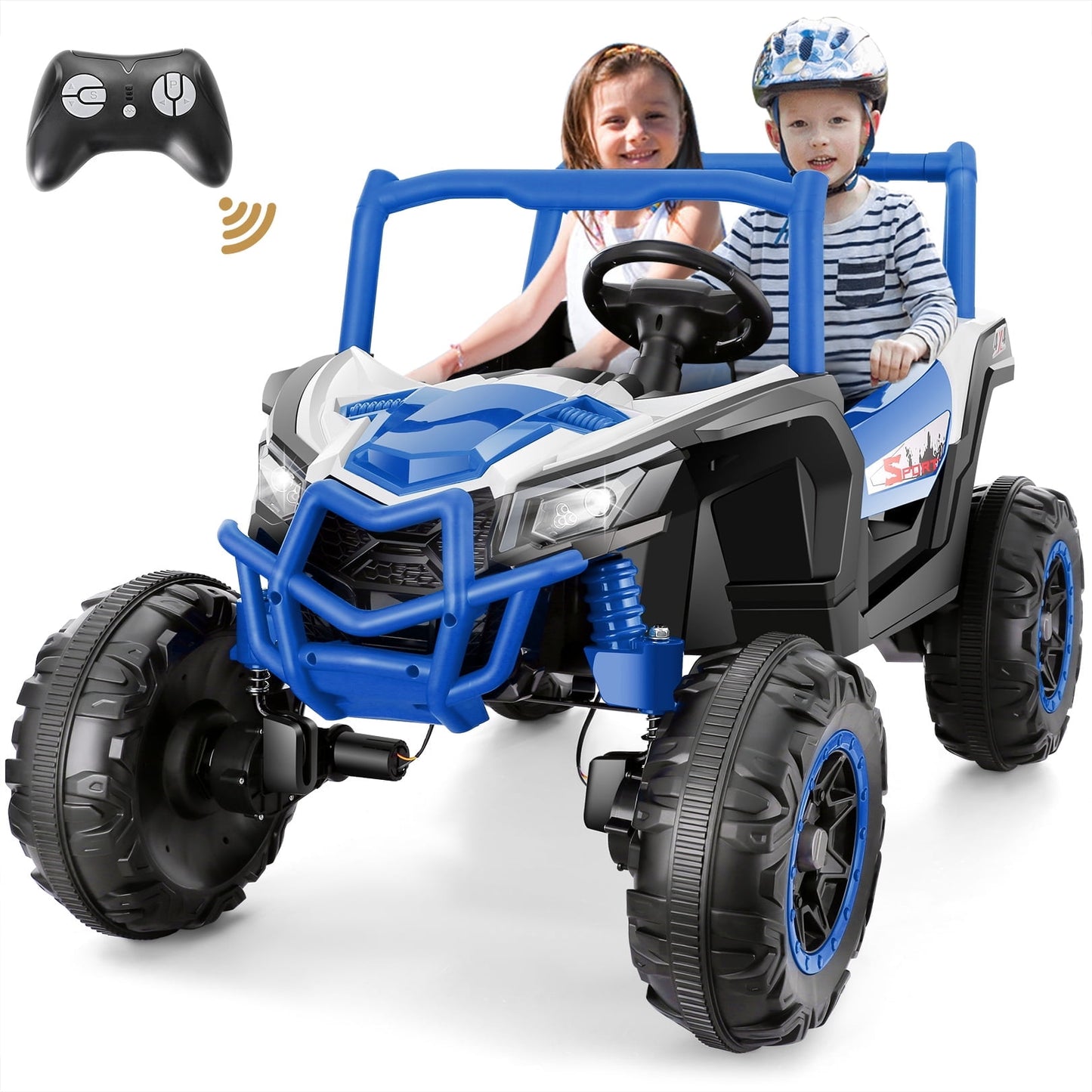 4WD 24V Ride on Toys 2 XL Seater Kids Ride on Cars w/ Remote Control, 4*200W Motor, Electric Off-Road UTV 7AH Battery Powered 4-Wheeler Vehicle w/ Bluetooth, Music, 3-Speed, LED Light, Blue