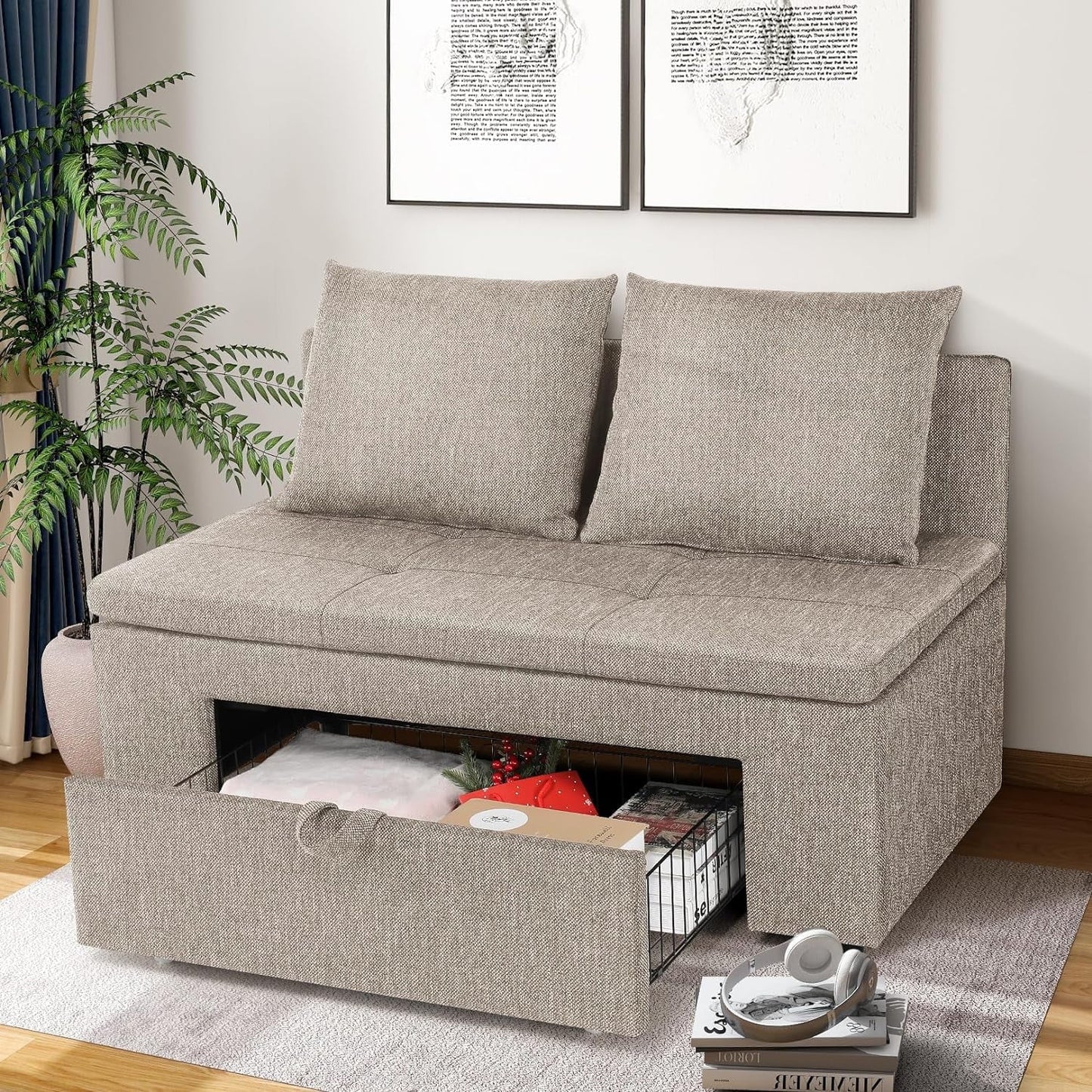 Farmdex Small Loveseat Sofa with Drawer Storage, Linen Fabric 2-Seater Couch for Living Room and Bedroom, 47.2" Compact Couch for Small Spaces, Solid Wood Frame Brown Grey