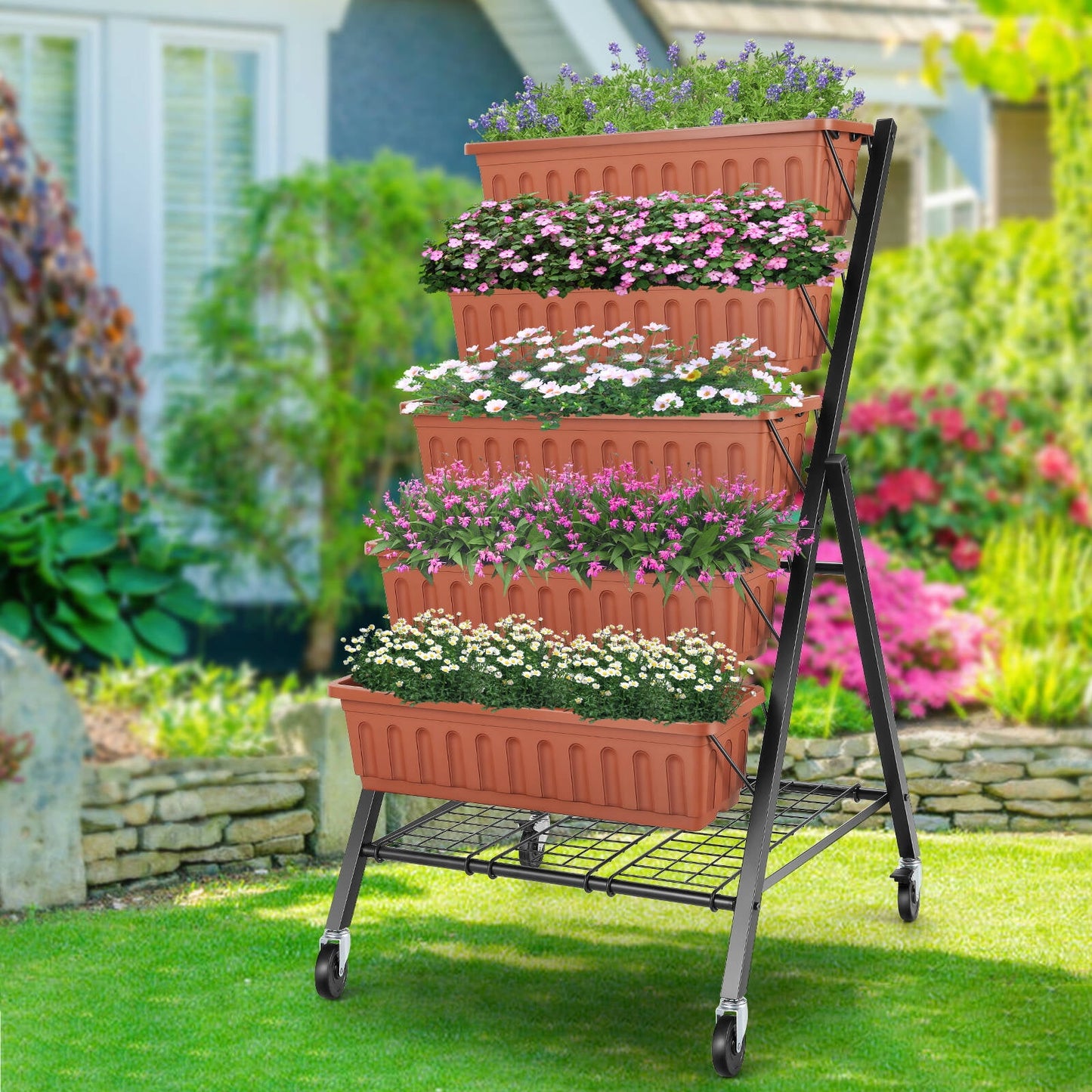 Tapoja 5 Tiers Vertical Garden Bed w/ Wheels, 4FT Vertical Garden Planter Indoor and Outdoor, Vertical Elevated Garden Bed Perfect for Vegetables Flowers Herbs